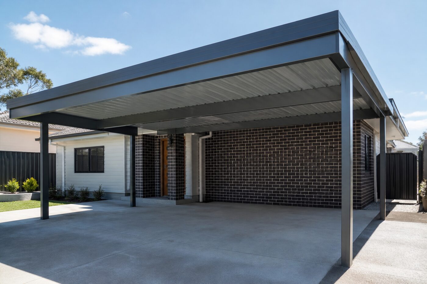 Completed steel carport with a clean concrete finish