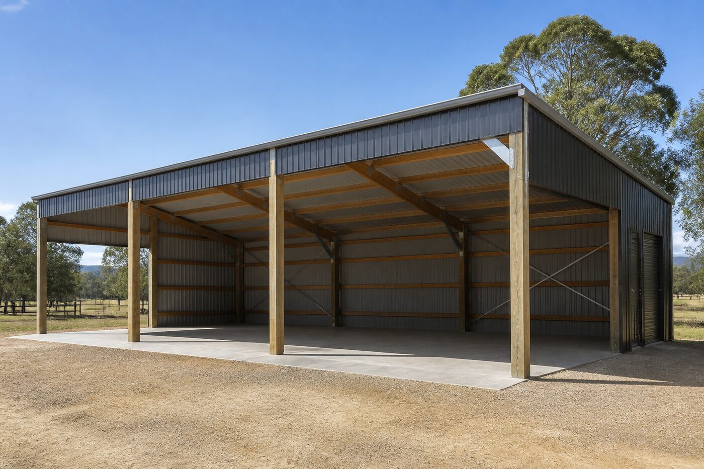 Completed open-front rural shed on a level gravel site